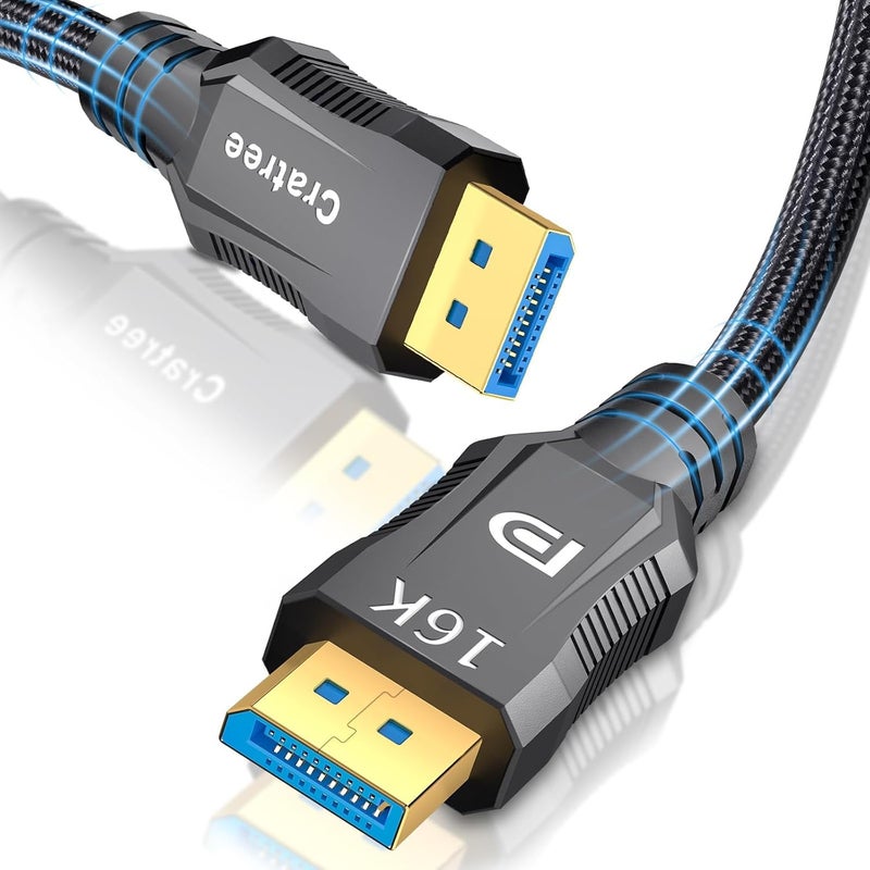 Cratree كابل DisplayPort بدقة 16K بطول 3.3 قدم/1 متر - معتمد من VESA كابل DP إلى DP مضفر - يدعم 40Gbps، 16K 30Hz، 8K 120Hz، 4K 240Hz / 165Hz / 144Hz - متوافق مع FreeSync/G-Sync/شاشة الألعاب، الكمبيوتر - Image 1